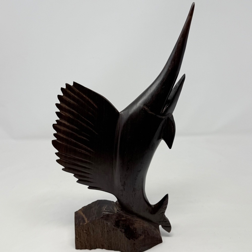 Vintage Hand Carved Ironwood Sailfish Marlin Sculpture Nautical Wood Figurine